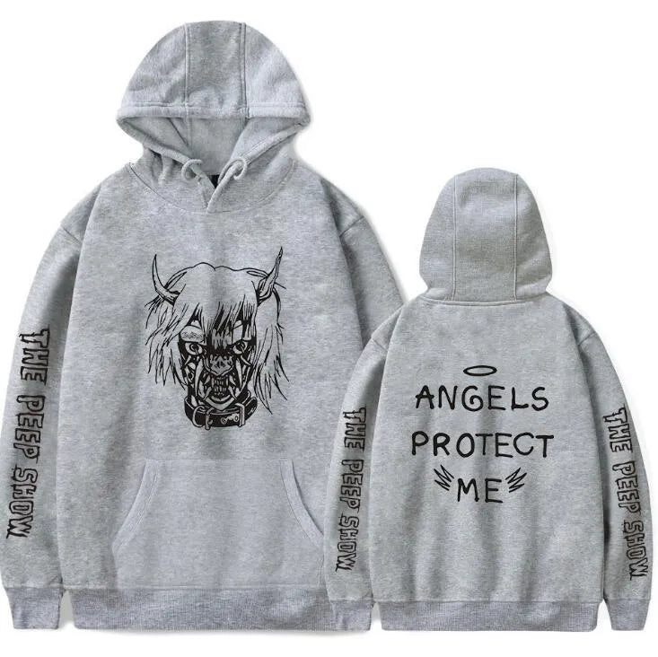 Angel And Devil cartoon print hoodie for men, hip hop style, black hooded sweatshirt with full sleeves