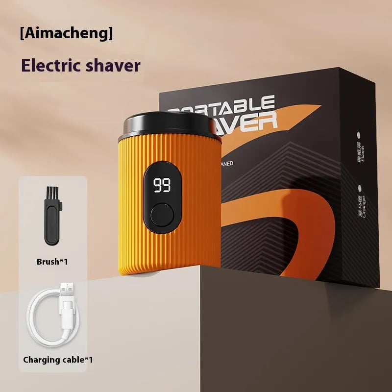 Mini electric shaver for men in Elegant Black or Horse Orange, ABS body, LED display, USB rechargeable, brushless motor.