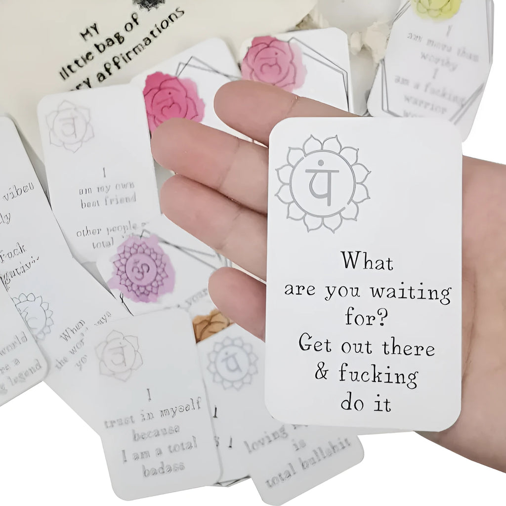 Set of 16 funny affirmation greeting cards with soft healing designs in a gift bag