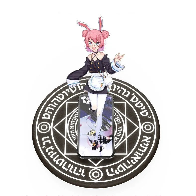 Square black 10W fast wireless charging pad with glowing magic array pattern for Qi phones.