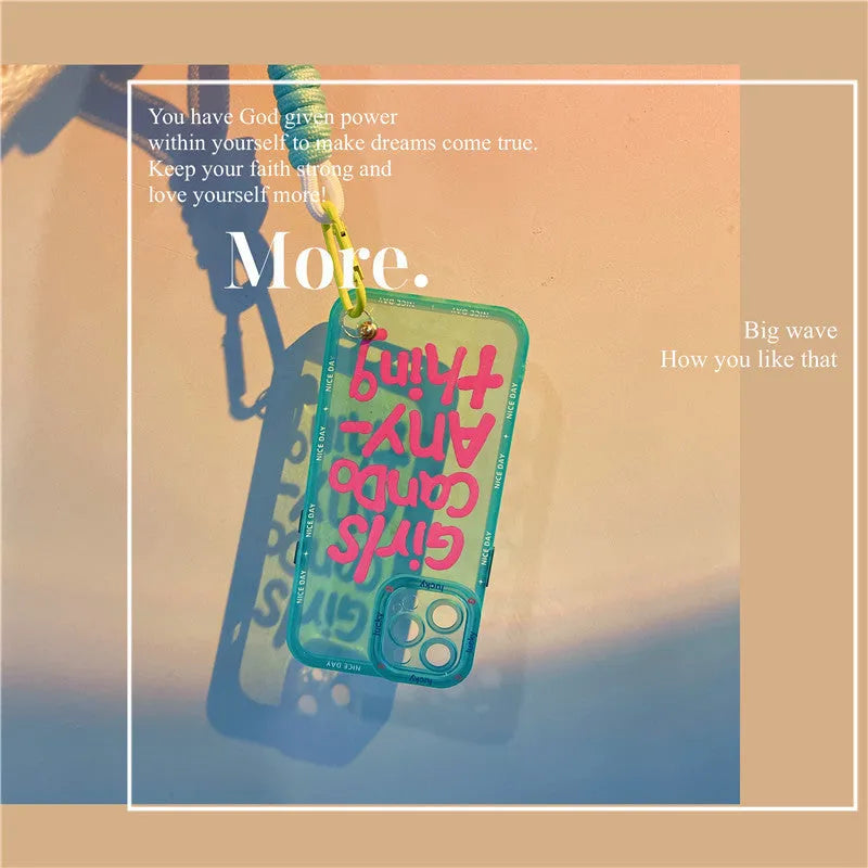 Graffiti personalised English lanyard phone case for iPhone in TPU with detachable strap