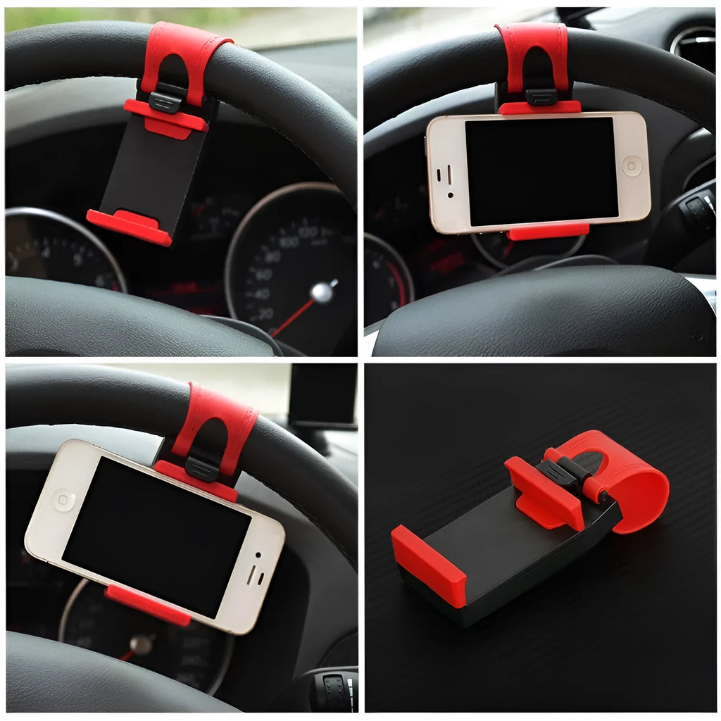 Universal car steering wheel clip mount holder for mobile phones in black and red colours