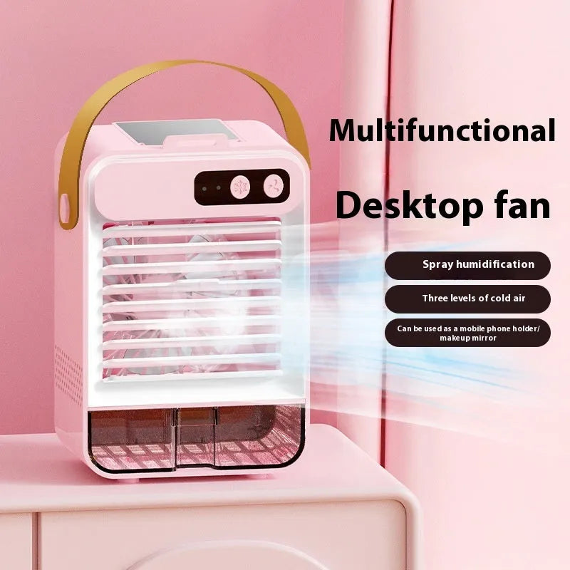 Dark green and ivory white compact USB desktop fan with five blades on a small base.