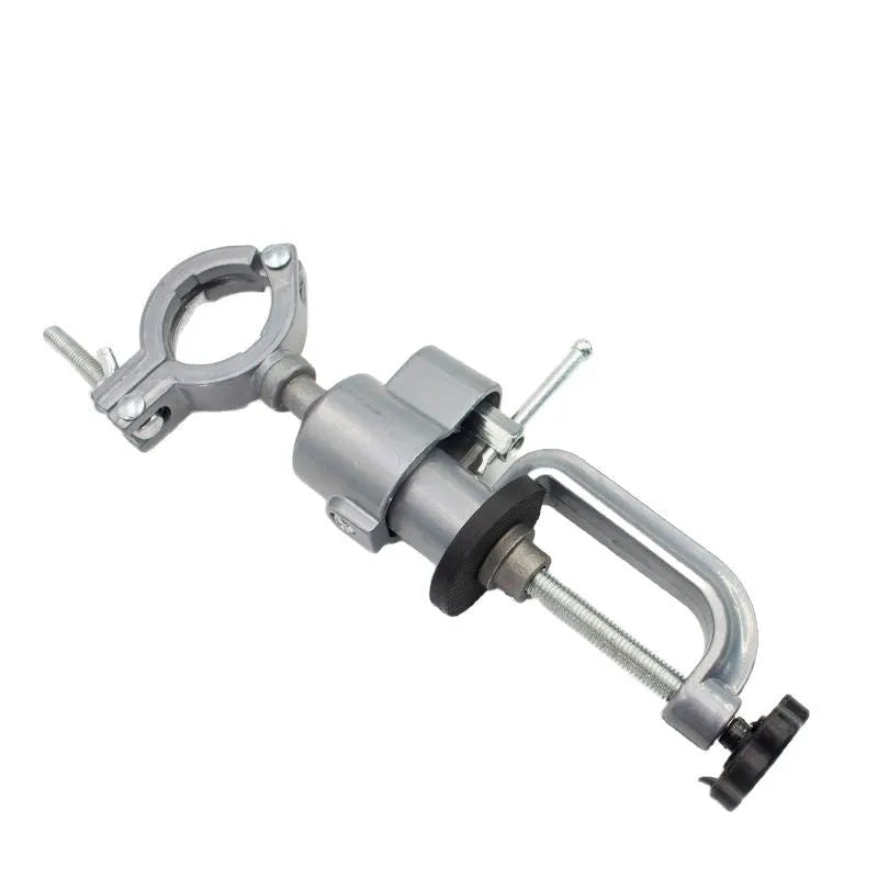 360-degree rotating clamp-on bench vise with tungsten steel construction showing single and double hole specifications