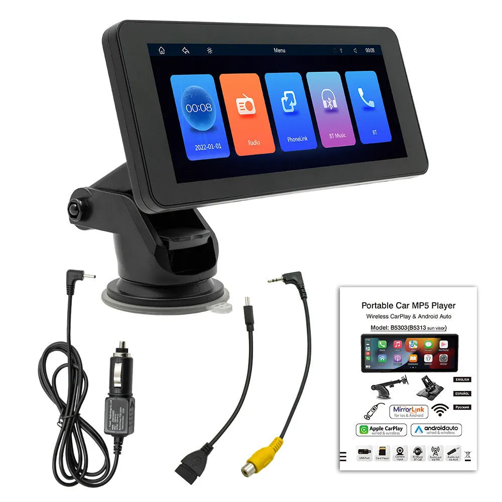 Portable wireless car video player with 6.86-inch IPS screen mounted in vehicle