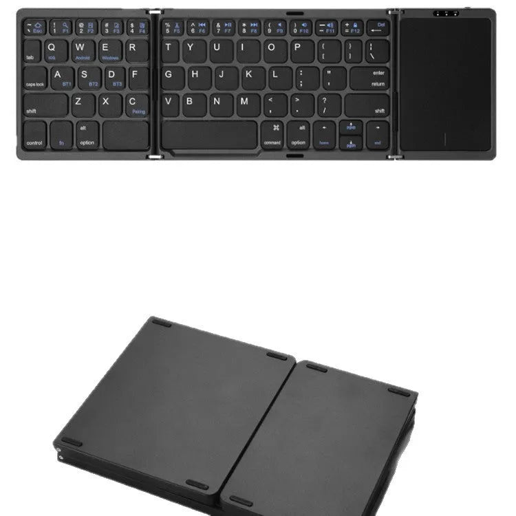 Three-folding wireless Bluetooth keyboard with touch pad in black on white background