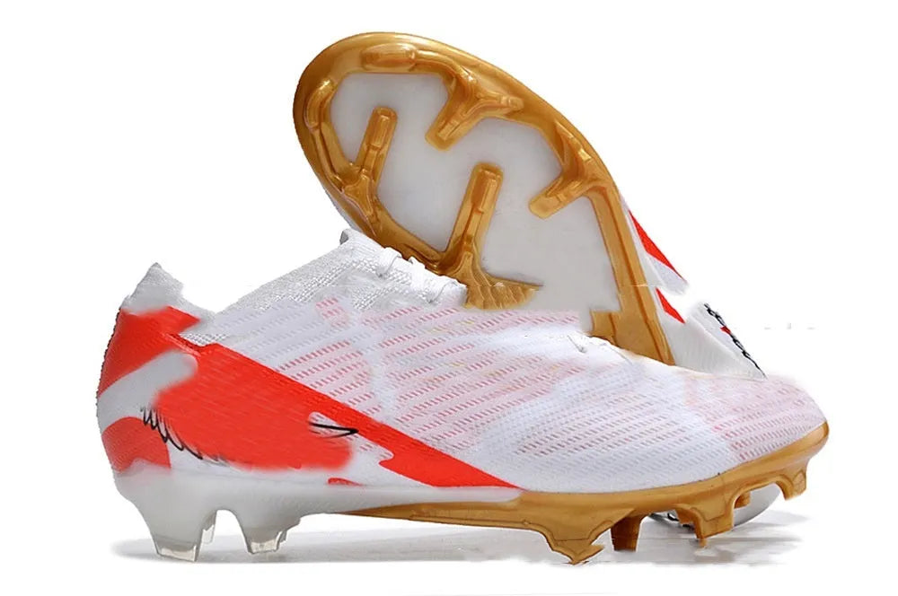 Men's low-top football shoes with knitted upper, rubber outsole with FG studs, shown in a front lace-up style.