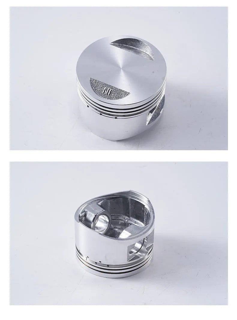 Motorcycle engine piston kit showing aluminium alloy construction with 57.4mm diameter measurement