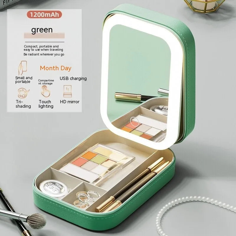 Portable makeup storage box with LED light mirror showing adjustable stand and storage compartment