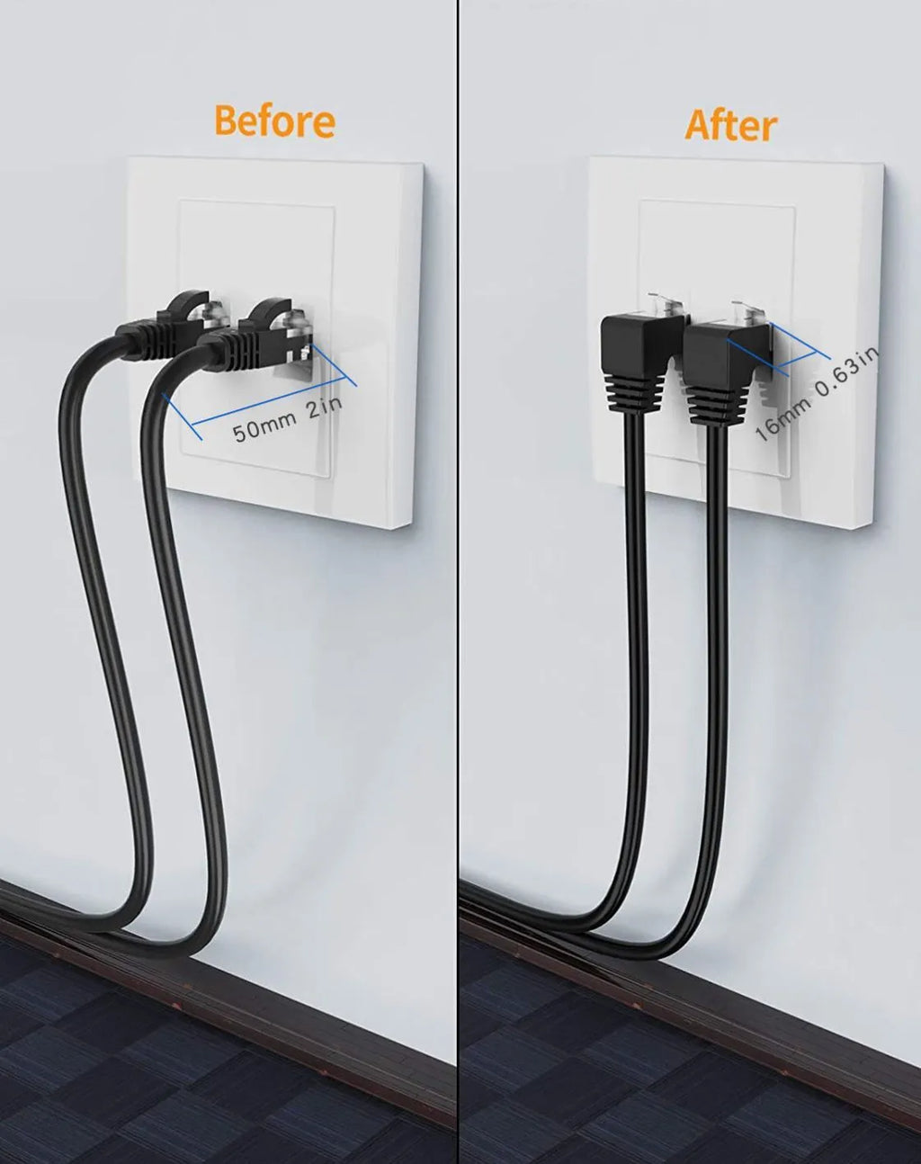 Coloured Cat6 Ethernet cable with a right-angled metal RJ45 connector plug in a choice of four orientations.