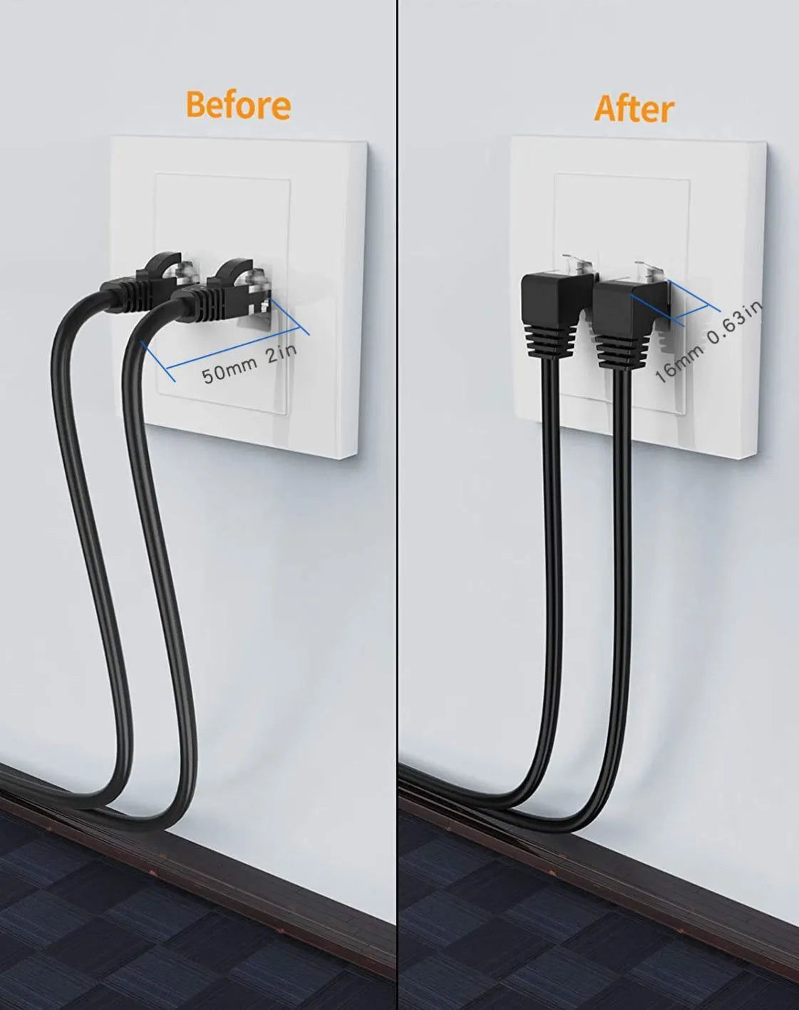 Coloured Cat6 Ethernet cable with a right-angled metal RJ45 connector plug in a choice of four orientations.