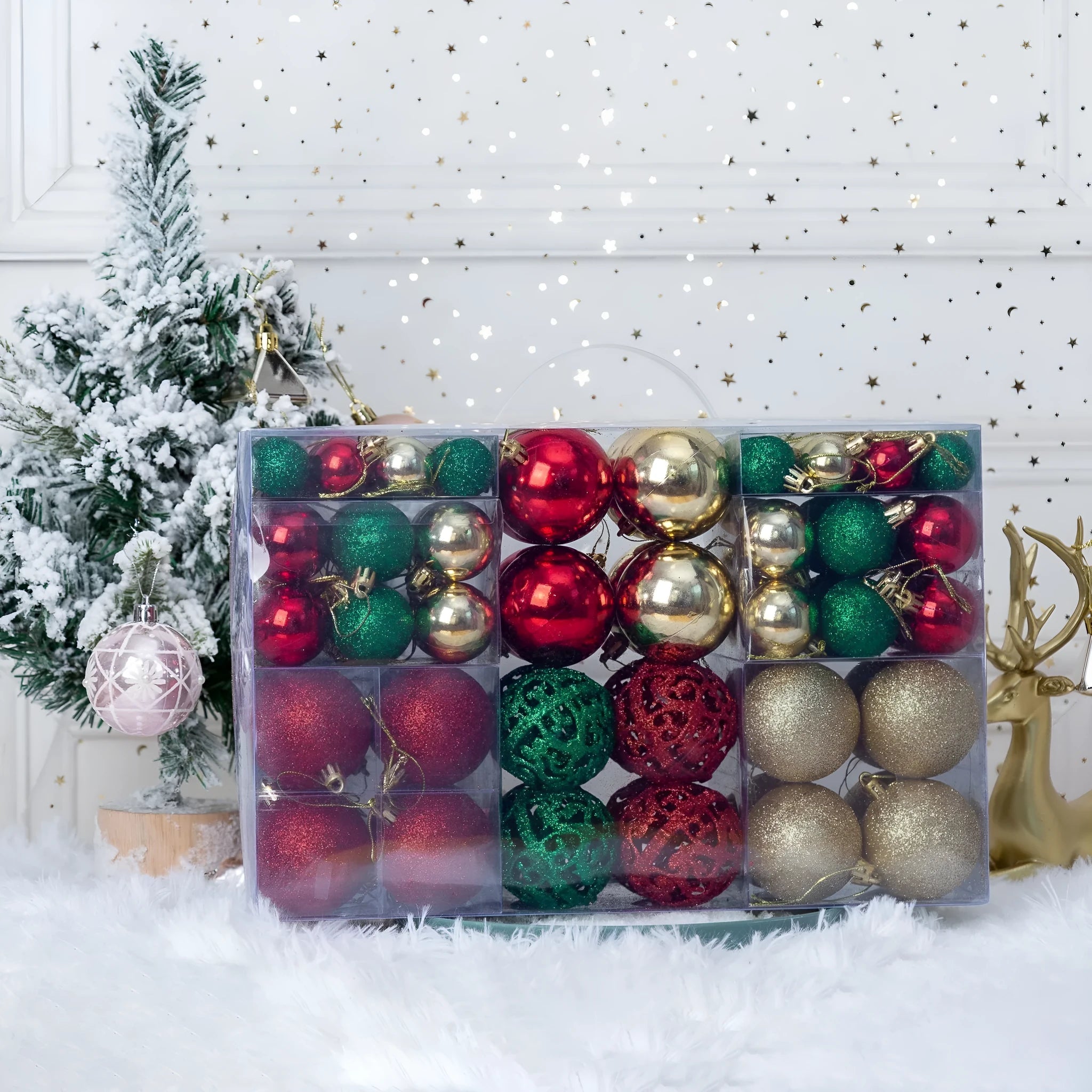 Boxed set of 100 colourful PVC Christmas tree balls in 3-6cm sizes on a neutral background
