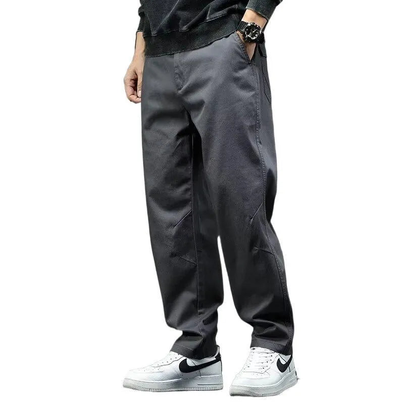 Men's casual straight leg cotton trousers in gray, mid waist loose fit