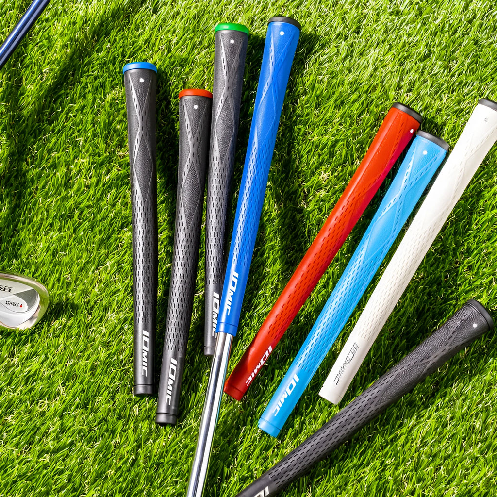 TPE golf club grip in assorted colours including pink, red, blue, white, and black with coloured heads.