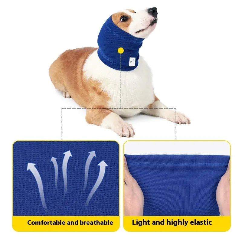 Blue and grey polyester dog comforter headband scarf shown in small, medium, and large sizes
