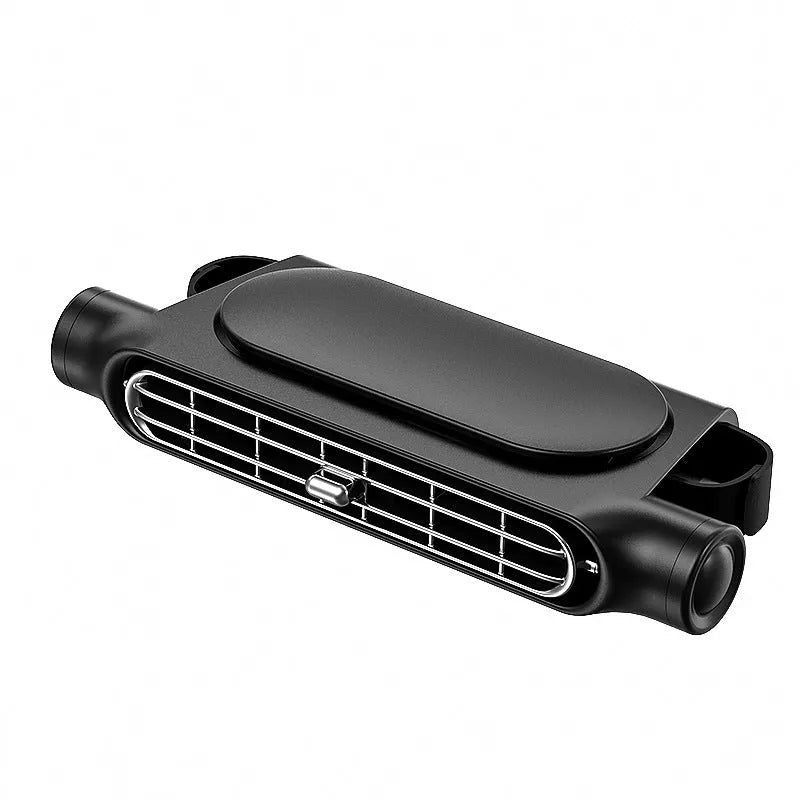 Creative New USB plug-in bladeless car fan with Velcro mount in black, white, or beige, showing manual control button.