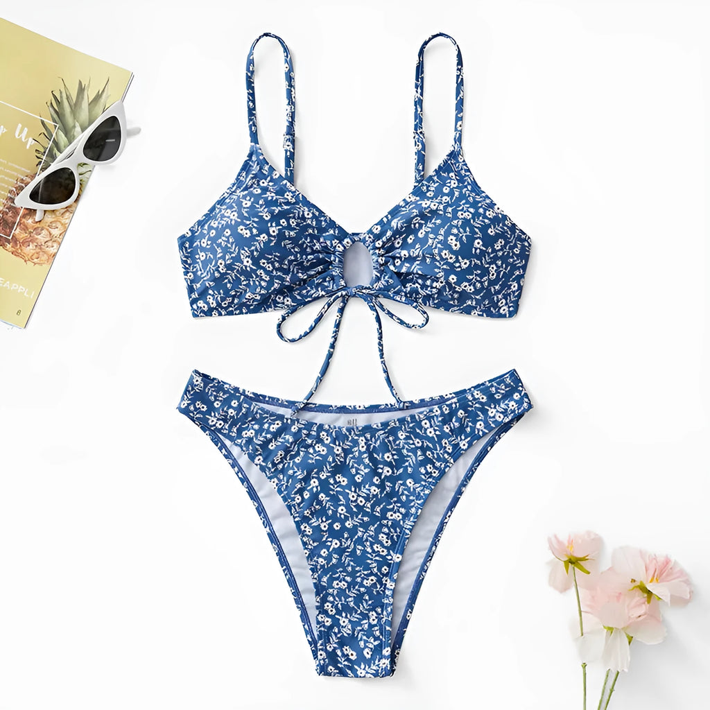Blue women's polyester swimsuit three-piece set without steel ring, sizes S M L.