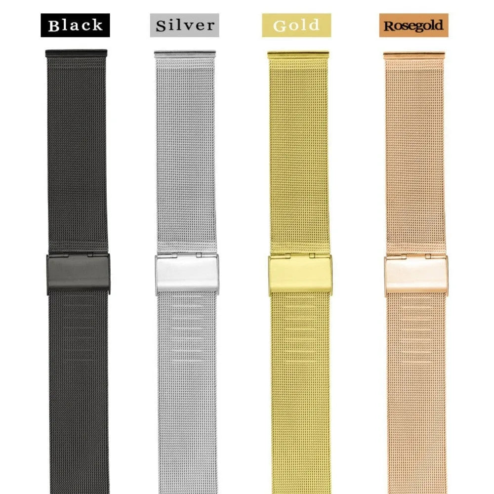 Milani woven stainless steel watch band in silver, black, rose gold, and gold colour options