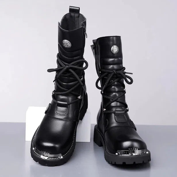 Men's black vintage high-top riding boots with side zipper, round toe, and suede finish over rubber sole
