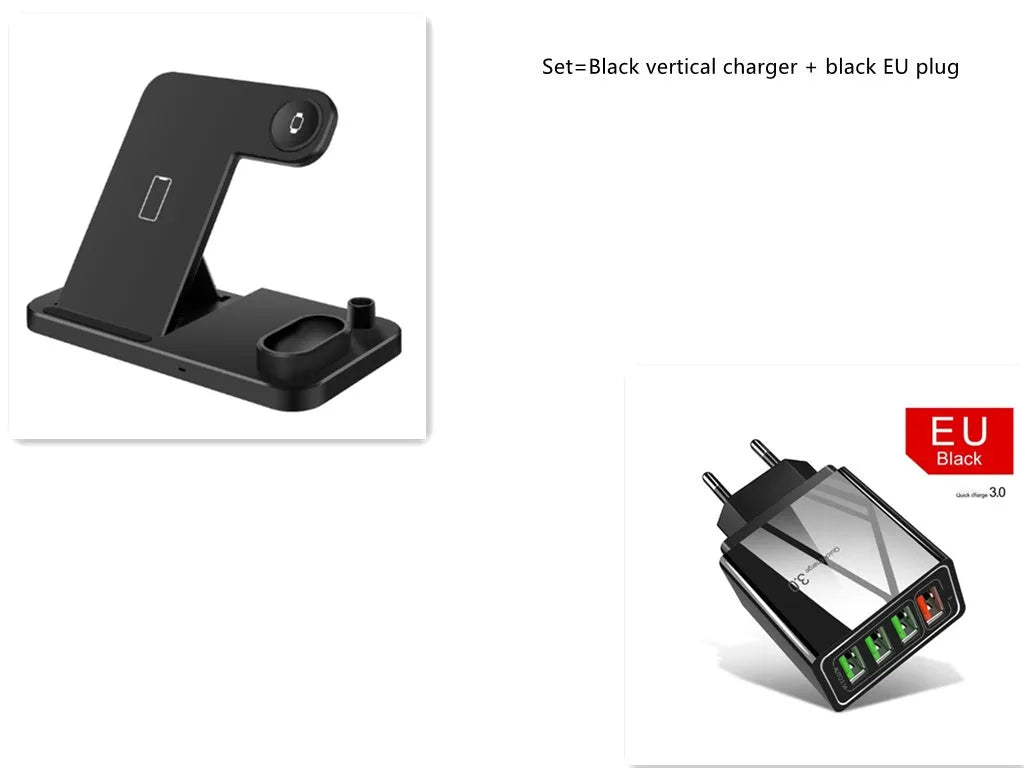 A white 4-in-1 wireless charging station with an iPhone, Apple Watch, and AirPods charging on its adjustable, foldable stand.