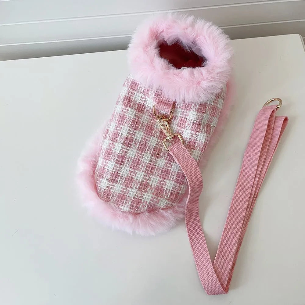 Pink polyester cat costume set with cape, beret and hand-holding rope leash in sizes XS to XL