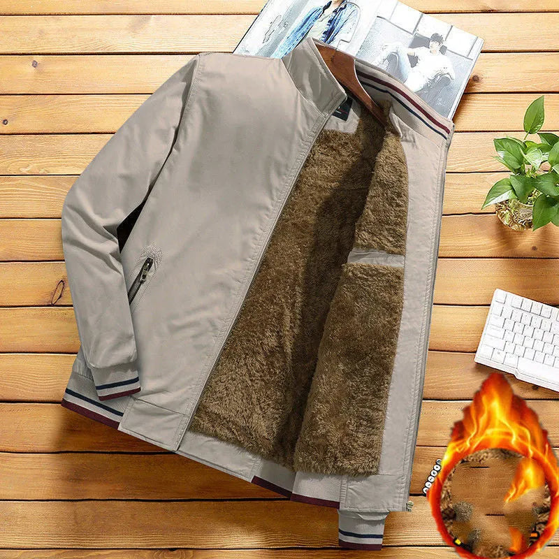 Plus velvet thick winter jacket for middle aged men, brown cotton, stripe design, zipper front