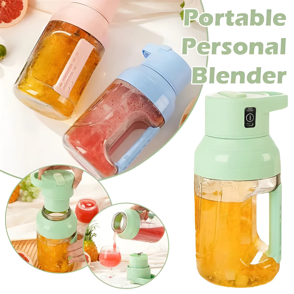 Portable 1500ml electric juicer with double handles and USB charging cable in emerald green