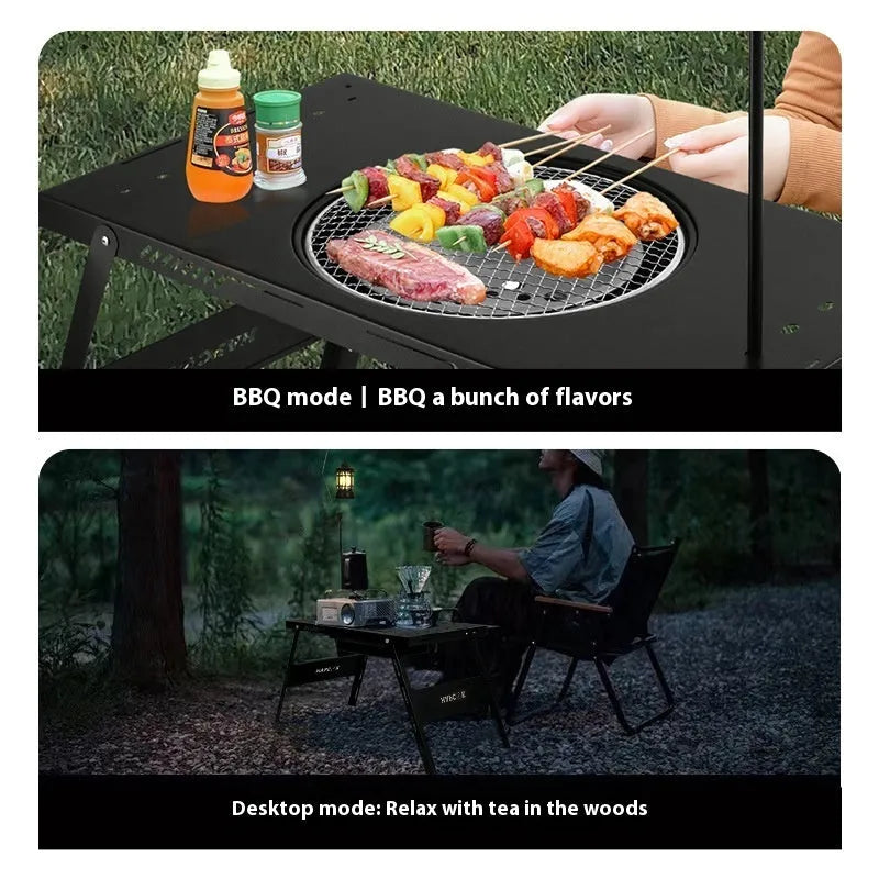 Foldable steel camping barbecue table with integrated light pole in black