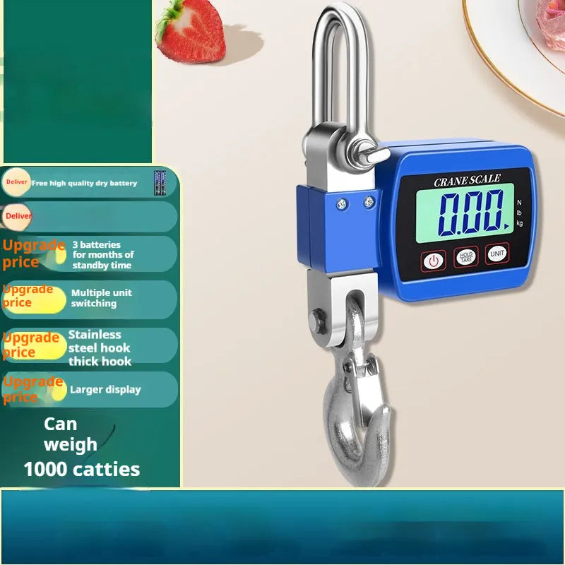 Electronic hook scale digital display showing weight measurement with metal hook