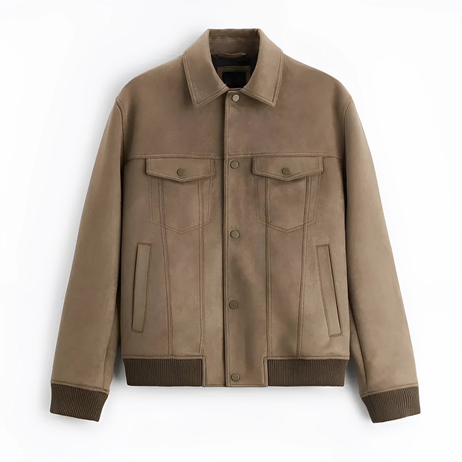 Light grey spandex commuter jacket with suede velvet finish and long sleeves on a hanger.