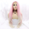 Pink gradient big wave fluffy wig on display stand showing layered synthetic hair