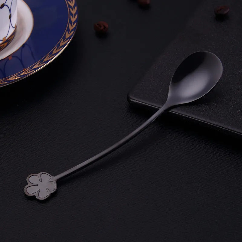 Gold plated 304 stainless steel dessert spoon with engraved flower pattern in multiple colours