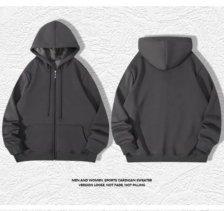 A beige men's heavyweight hooded zip-up sweater showing kangaroo pockets and a loose fit on a man.