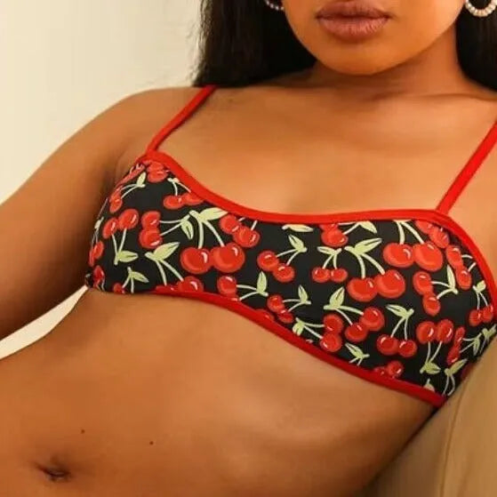 Cherry print tube top bikini swimsuit for women, polyester two-piece with briefs-style bottoms.