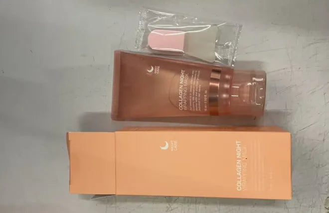 75ml bottle of collagen night mask with applicator brush for skin firming and hydration.