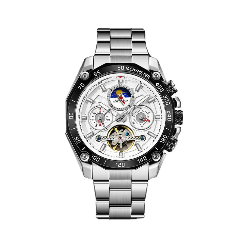 Men's automatic mechanical watch showing multifunction dial on a 12mm thick case in a silver and black colour variant.