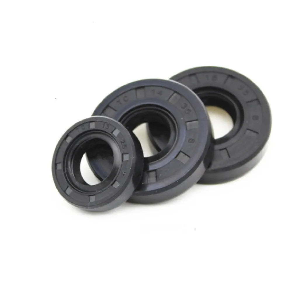 AG100 motorcycle oil seal kit with carbon steel frame and multiple rubber seal sizes from 7mm to 12mm thickness