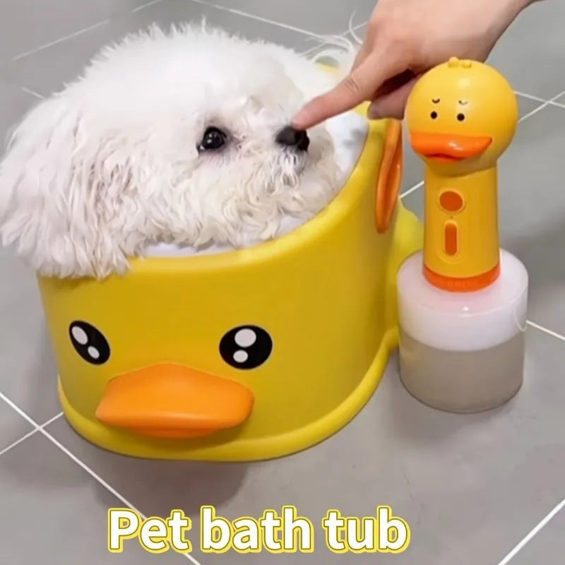Blue PVC duck-shaped portable bathtub for washing dogs and cats, shown folded and unfolded.