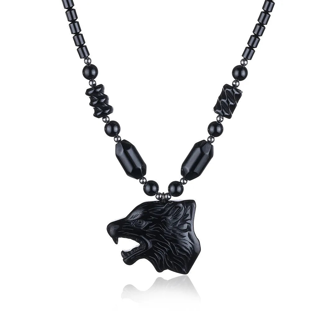 Copper wolf head pendant necklace with electroplated finish on adjustable water wave chain, colour LKNTRSN048