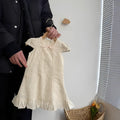 Girls cotton suspenders dress solid colour bow detail creamy white beige children 90-140cm
