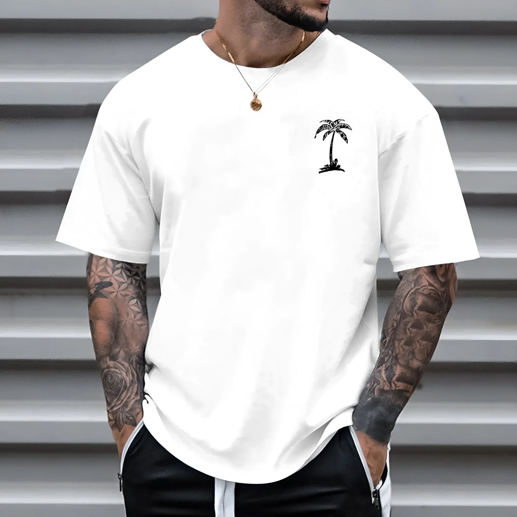 Men's round neck printed short sleeve t-shirt in loose fit polyester fibre, front view