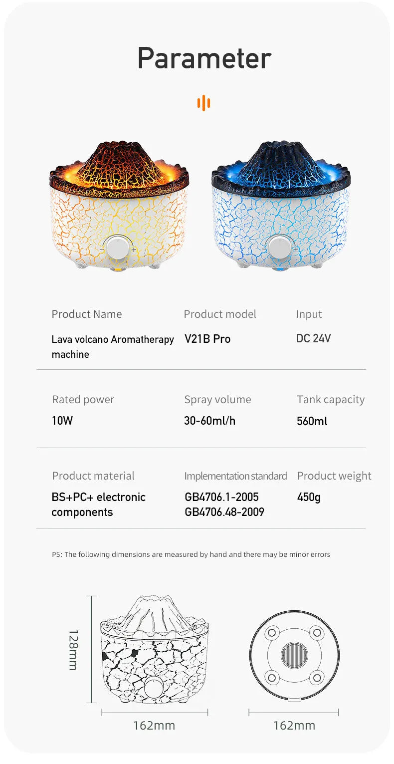 Volcano-shaped humidifier diffuser with LED flame lighting effect emitting mist puffs