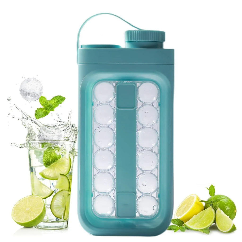 Light blue and white portable ice ball mould kettle showing 17-ball capacity and 2-in-1 bottle design
