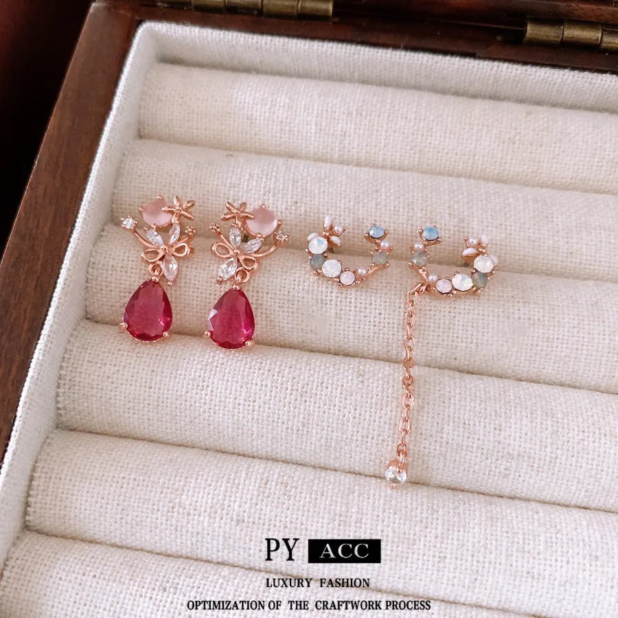 French style light luxury silver needle zircon flower drop earrings for women copper base rose gold colour