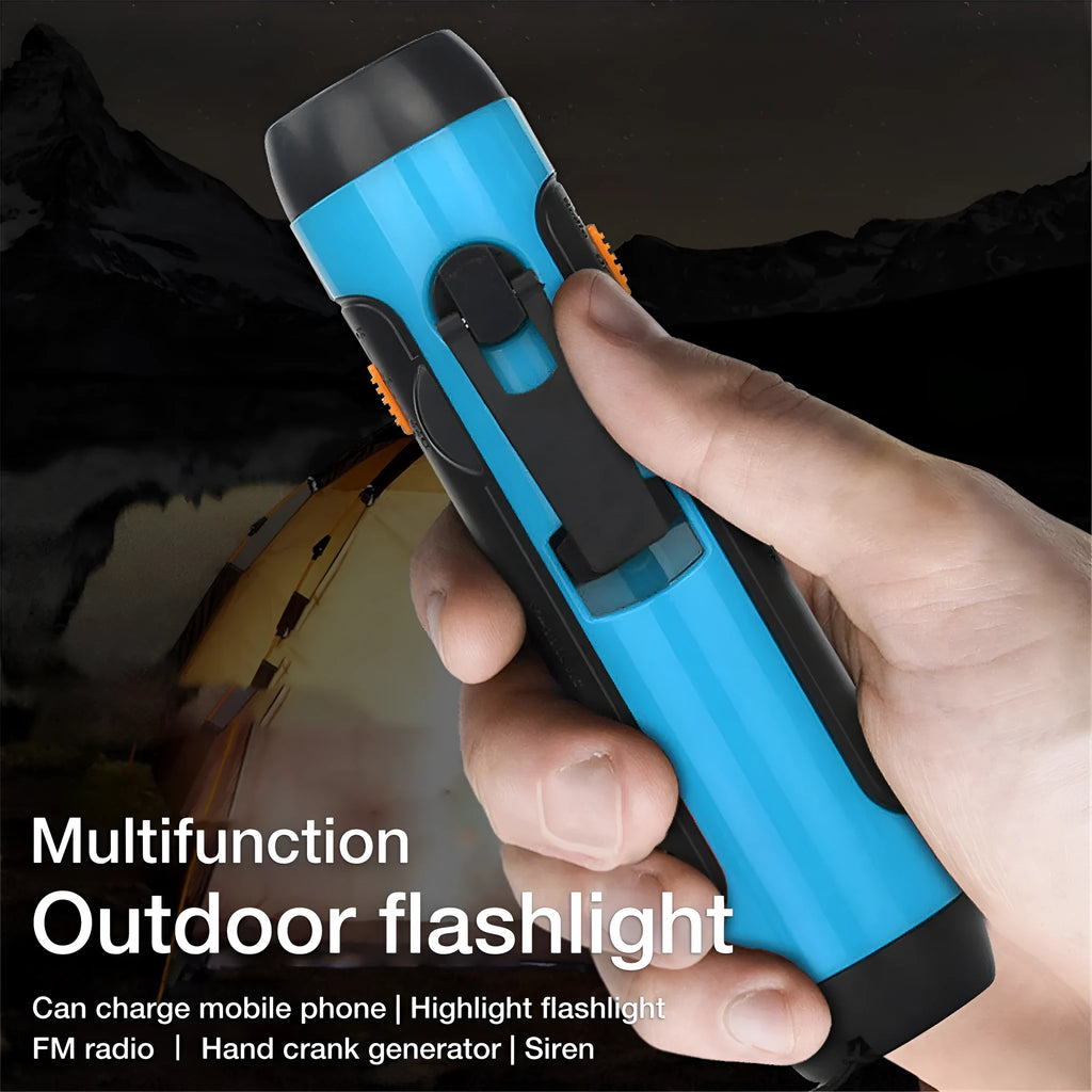 Outdoor rechargeable FM alarm flashlight in red with LED beam, ABS body, USB cable and hand crank