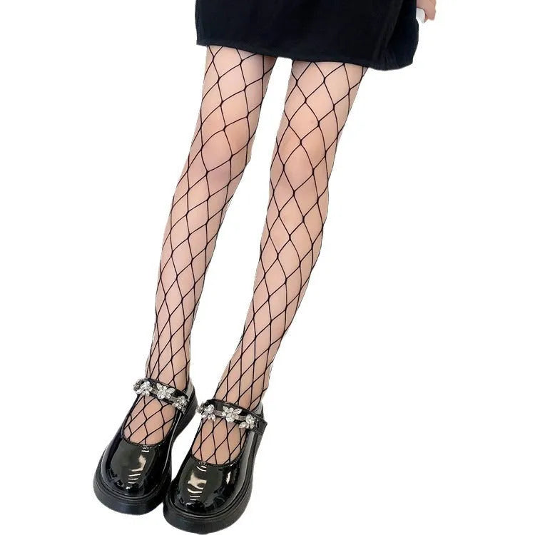 Women's mesh pattern pantyhose in black and white with large, medium, and small net designs