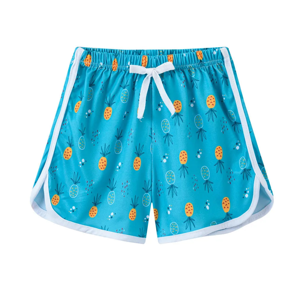Children's polyester holiday shorts in multiple colours and patterns with height sizing from 100 to 140cm