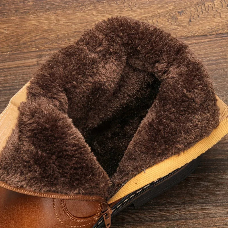 Faux fur dress boots with zipper, ultra high heel, carved wing pattern, light brown colour