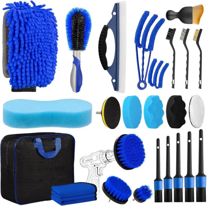 Car interior cleaning brush set with round disc brushes, PP bristles, and plastic handles - 9 piece option shown