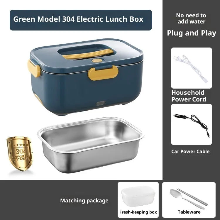 Oval dark blue electric lunch box with 304 stainless steel inner and spork, 18.7x14.8x27.5cm